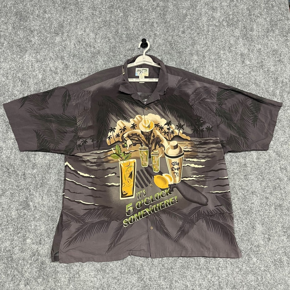 Big Dogs Hawaiian Camp Shirt Mens 4X Grey It's 5 O'Clock Somewhere Rayon Graphic